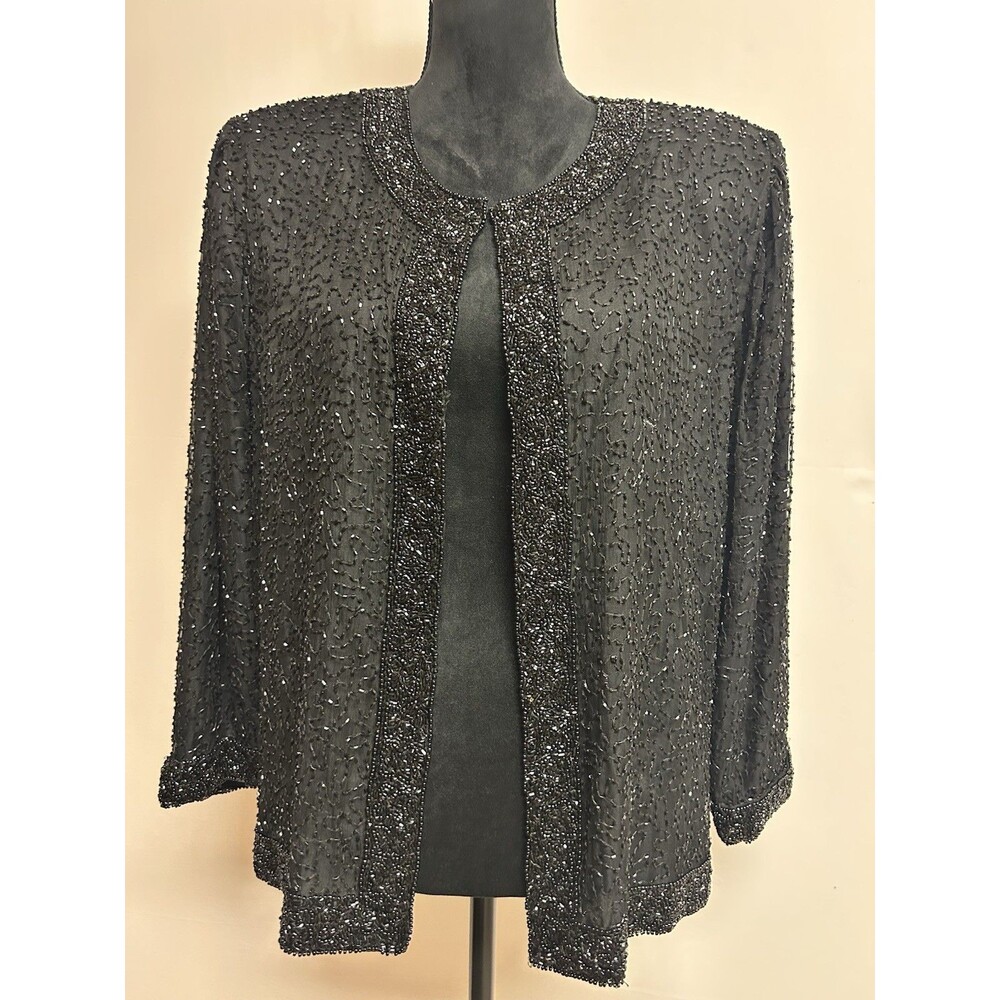 Laurence Kazar Womens XL Petite Black Silk Beaded Sequined Evening Jacket VTG